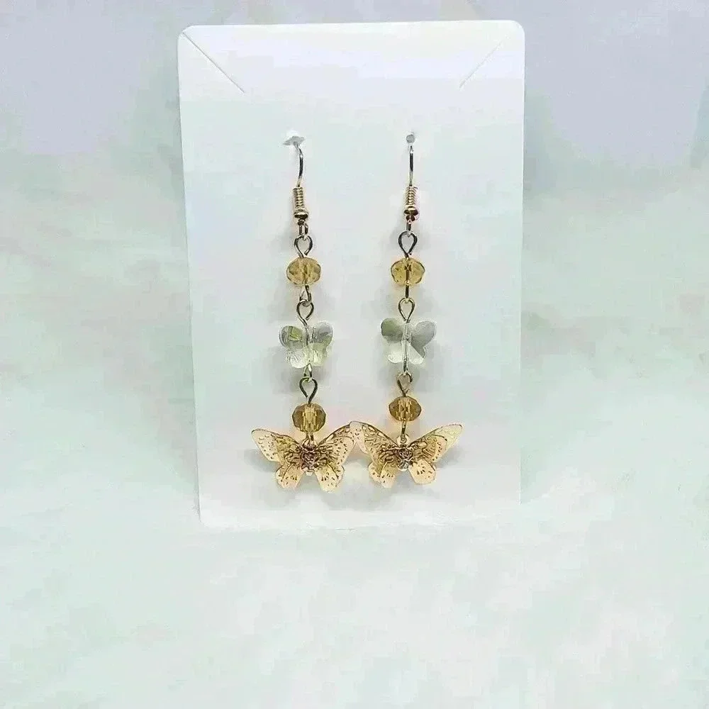 Butterfly Charm Drop Earrings in Yellow Gold